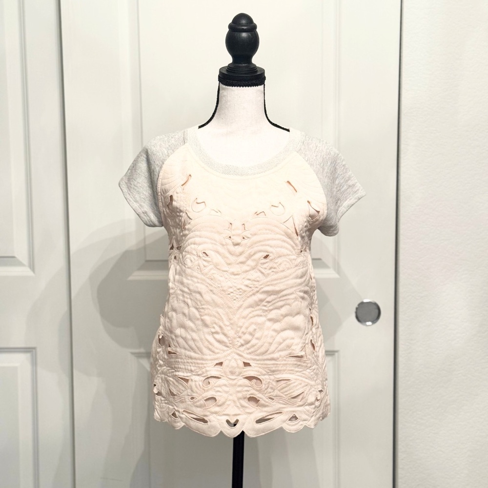Saturday Sunday Short Sleeve Sweatshirt Top Blouse w/Embroidery Front, XS